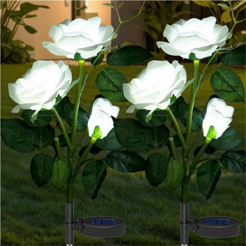 Solar Flowers Garden Lights for Outdoor Decor, 2 Pack Artificial Fake White Rose